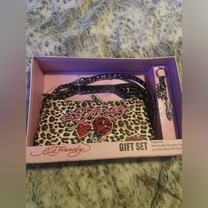 Ed Hardy Leopard Print Bag and Key Ring Set
